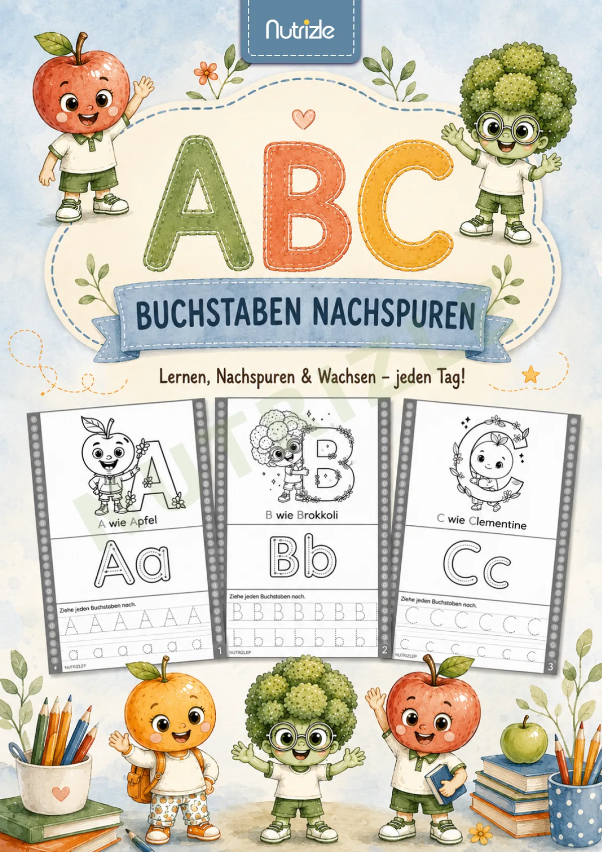 Alphabet nachspuren A to Z, Schwarz-weiß mit Buchstabenbildern | Arbeitsblätter Vorschule Kindergarten
