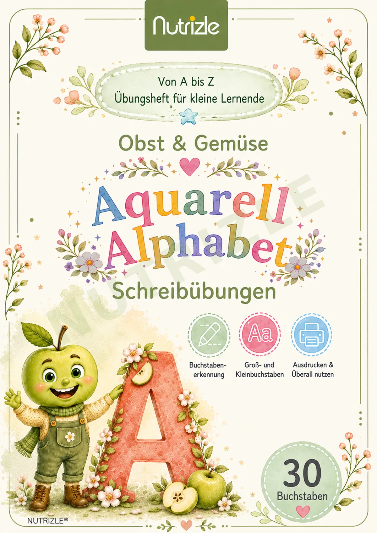 Aquarell-Alphabet A to Z, Schreibübungen mit ß, Ä, Ö, Ü | Arbeitsblätter Vorschule Kindergarten